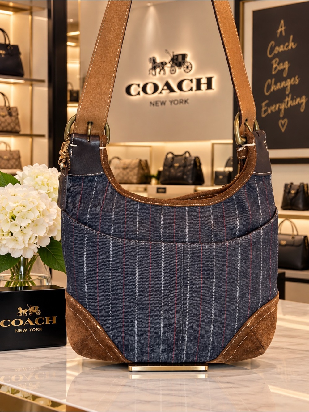 Rare Y2K Vintage Coach Denim Pinstripe Suede Shoulder/Crossbody Bag - Picture 4 of 17